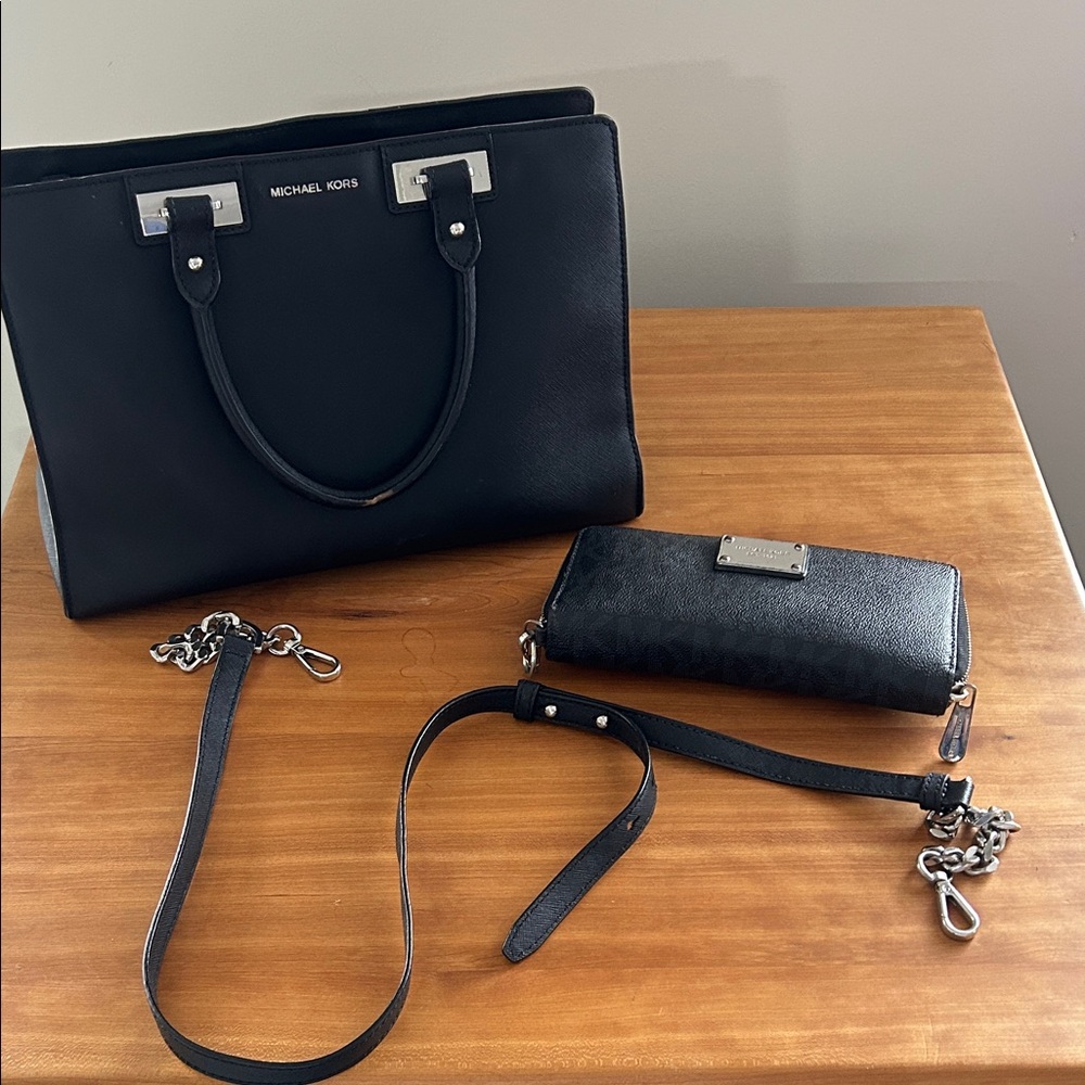 Michael Kors Black Leather Satchel with Matching Wallet and Strap